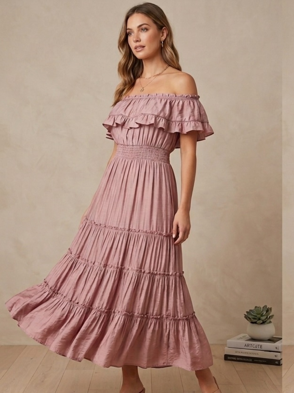 The Clothing Company Off-Shoulder Ruffle Tiered Maxi Dress - Dusty Rose Small
